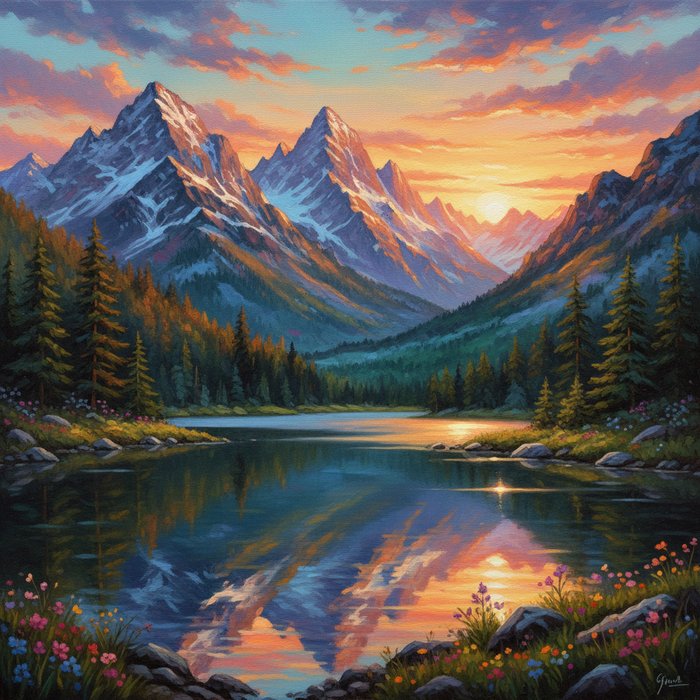 Горный пейзаж с озером на закате, живописный стиль, яркие цвета, мягкое освещение, фотореализм, высокая детализация, 4K