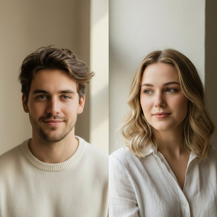 Единый фотореалистичный портрет, где молодой человек и женщина объединены в одну композицию, естественное освещение, детали лица чёткие, фон гармонично смешан, высокая детализация, 4K.