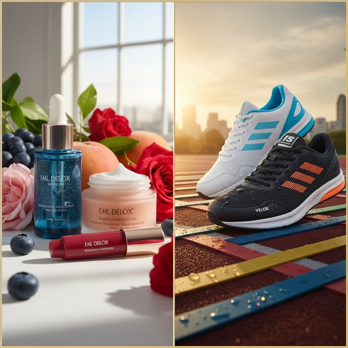 Коллаж из двух рекламных фотографий, объединённых в одно изображение, яркие цвета, детали продукта чёткие, фон профессиональный, естественное освещение, высокая детализация, 4K