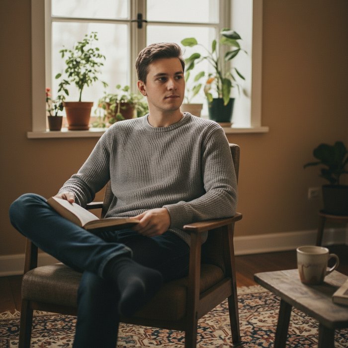 тот же молодой человек после обработки в Креатум: улучшенная яркость, повышенный контраст, детали лица стали чётче, без водяных знаков, фотореализм, 4K