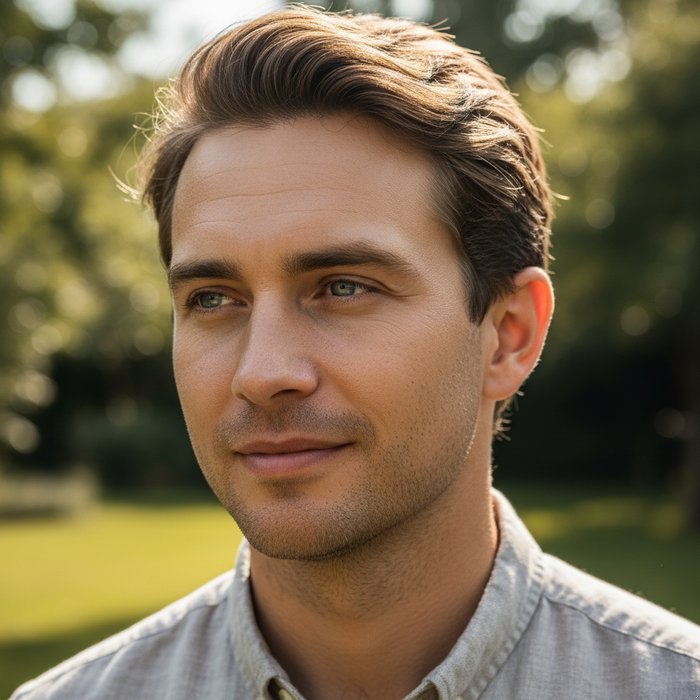 портрет молодого человека в естественном дневном свете, после обработки Креатум: яркое освещение, улучшенный контраст, детализированная кожа, фотореализм, 4K, естественная цветопередача
