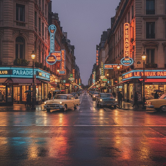 фото городской улицы вечером с неоновыми вывесками, после применения винтажного фильтра Креатум: теплые тона, мягкая зернистость, высокая детализация, фотореализм, 4K