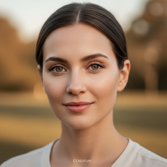 портрет женщины с идеально выровненной кожей, яркими глазами и мягким светом, после ретуши Креатум: естественная текстура, высокая детализация, фотореализм, 4K