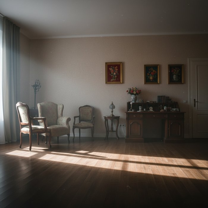 освещённый интерьер того же помещения, естественное световое распределение, видны текстуры мебели и детали декора, яркие цвета, фотореализм, 4K, профессиональная фотосъёмка