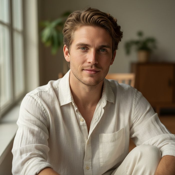 портрет молодого человека в светлой одежде, естественное дневное освещение, мягкие тени, детализированная кожа, яркие глаза, фотореализм, 4K, профессиональная фотосъёмка
