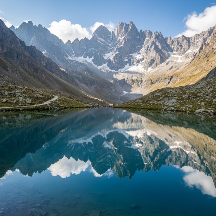 широкий пейзаж с горным хребтом и озером на переднем плане, яркое естественное освещение, чёткие детали скал и отражения в воде, фотореализм, 4K, профессиональная фотосъёмка