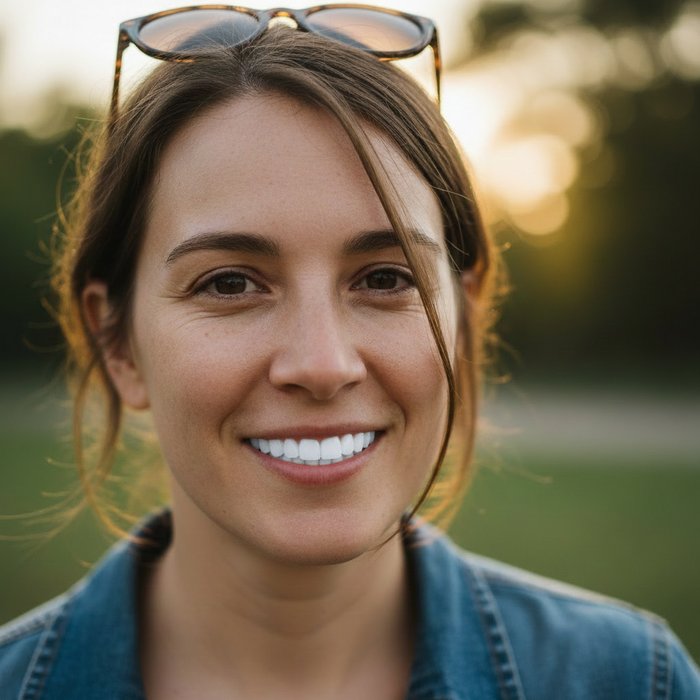 тот же портрет, но зубы ярко-белые, без потери естественности, естественное освещение, высокая детализация, 4K, фотореализм