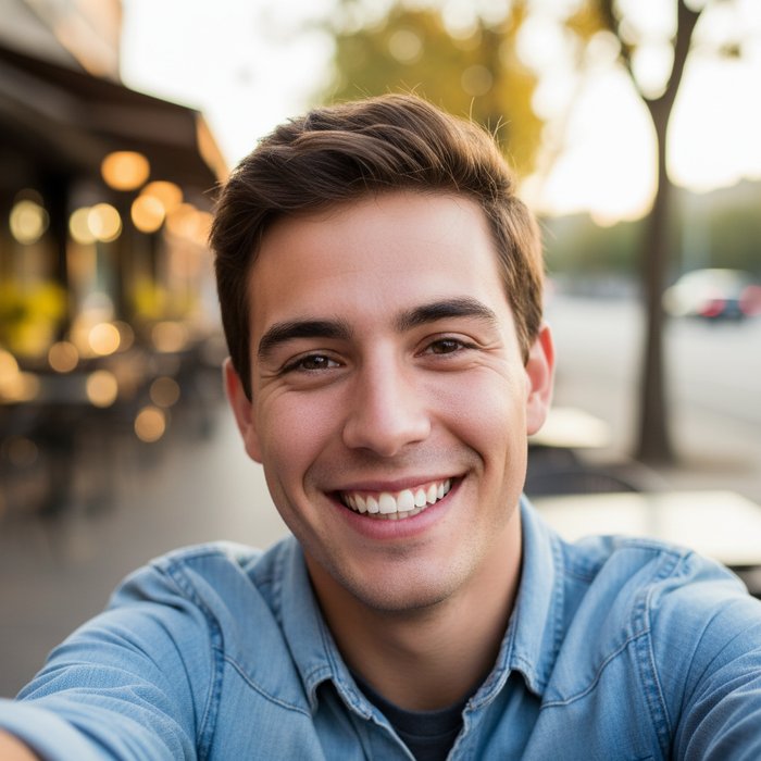 портретное селфи молодого человека с яркой, естественной улыбкой, зубы белоснежные, мягкое естественное освещение, высокая детализация, фотореализм, 4K