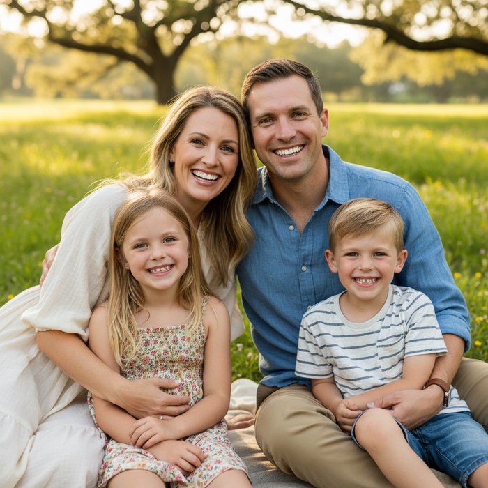 семейный портрет на открытом воздухе, все участники улыбаются, зубы ярко-белые, естественное дневное освещение, детализированная кожа, фотореализм, 4K