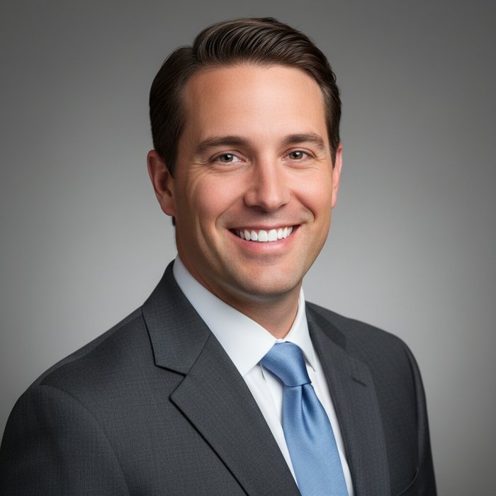 деловой портрет мужчины в костюме, улыбается, зубы белоснежные, студийное освещение, высокая детализация, фотореализм, 4K