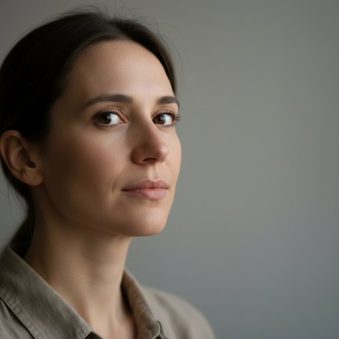 портрет того же человека, глаза открыты, естественное освещение, нейтральный фон, сохранены детали лица, фотореализм, 4K