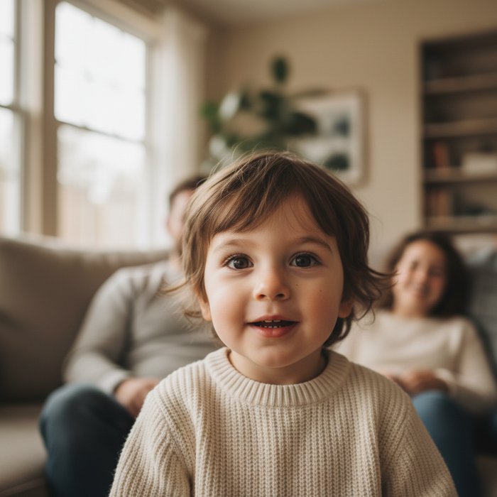 портрет ребёнка в семейном фото, глаза открыты, естественное дневное освещение, мягкий фон, высокая детализация, фотореализм, 4K