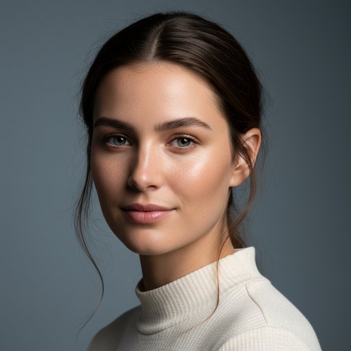 портрет модели в студийном освещении, глаза открыты, профессиональный фон, чёткие детали кожи, фотореализм, 4K