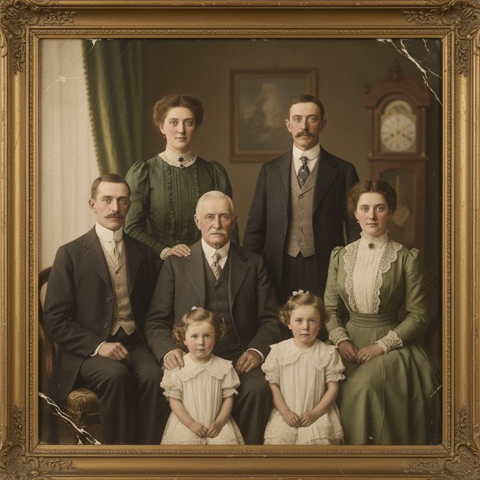 старый семейный портрет в цвете, глаза открыты, мягкое естественное освещение, высокая детализация, фотореализм, 4K