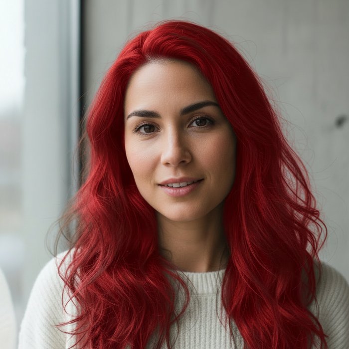 тот же портрет женщины, но волосы изменены на ярко‑вишневый цвет, сохранены все детали лица и освещение, фотореализм, 4K