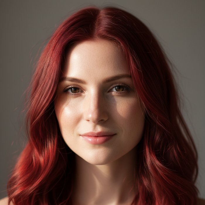 портрет женщины в естественном освещении, волосы окрашены в ярко‑вишневый цвет, детали лица чёткие, фон нейтральный, фотореализм, 4K