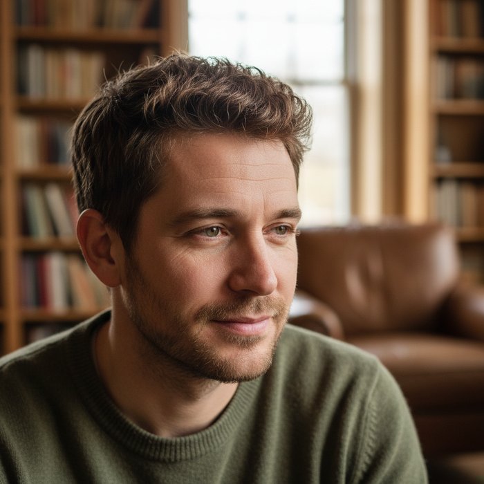 портрет мужчины с короткими волосами, естественный свет, волосы в естественном каштановом оттенке, высокая детализация, фотореализм