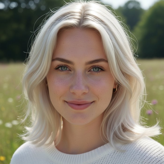 портрет девушки с волосами, окрашенными в светло‑русый оттенок, блеск, естественное освещение, детали кожи, 4K