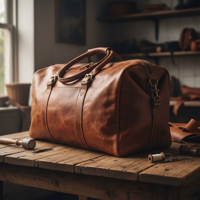 фотография кожаной сумки на деревянном столе, мягкое естественное освещение, детализированная текстура кожи, 4K, фотореализм