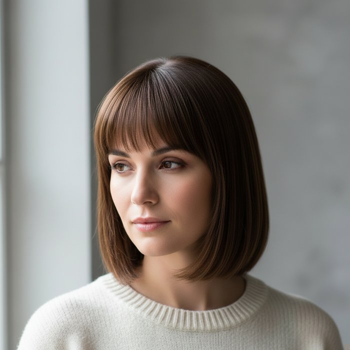 Фотореалистичный портрет той же женщины после применения новой прически, естественное освещение, реалистичная текстура волос, высокое разрешение, профессиональная фотосъёмка