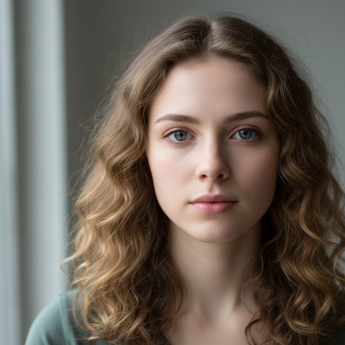 Фотореалистичный портрет молодой женщины с нейтральным выражением лица, светлая кожа, естественное освещение, высокое разрешение, детали волос видны, фон нейтральный, профессиональная фотосъёмка