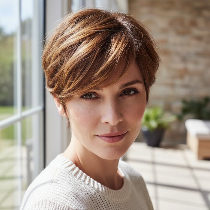 Фотореалистичный портрет той же женщины, но с новой стильной стрижкой, естественное освещение, детали волос, высокое разрешение, профессиональная фотосъёмка