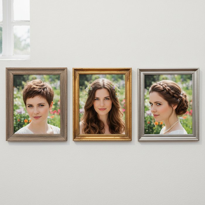 Коллаж из трёх фотореалистичных портретов одной женщины с разными прическами, каждый в отдельной рамке, яркое естественное освещение, высокое разрешение, профессиональная фотосъёмка