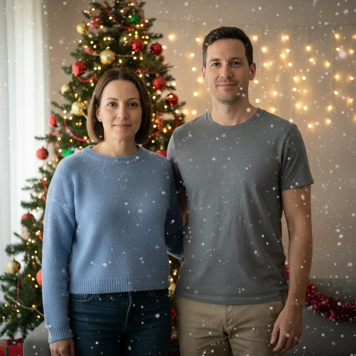 Тот же кадр, преобразованный новогодними элементами: добавлена ёлка, гирлянды, снежные эффекты, праздничный свет, детали в 4K, фотореализм