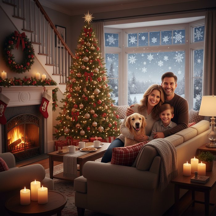 Семейный портрет в уютной гостиной, вокруг рождественская ёлка, гирлянды, мягкий свет свечей, за окном падает лёгкий снег, члены семьи улыбаются, детали в 4K, фотореализм