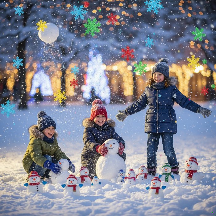 Дети в зимнем парке, покрытом снегом, вокруг игрушечные снеговики, яркие снежинки в воздухе, фон с мерцающими огнями, детские улыбки, высокая детализация, 4K, фотореализм
