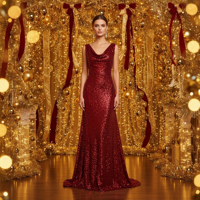 Женщина в красном блестящем платье, стоящая перед роскошным новогодним фоном с золотыми гирляндами, мягкое освещение, отражения света на ткани, детали в 4K, фотореализм