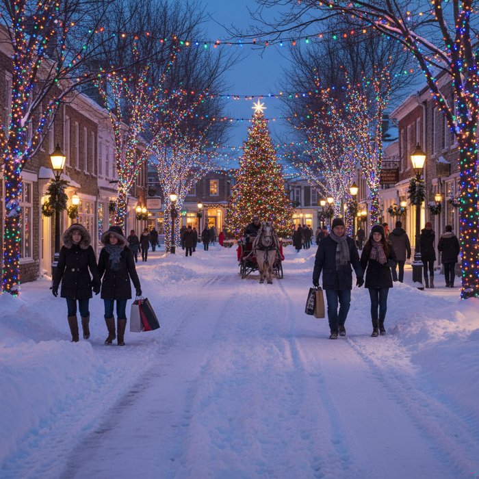Зимняя улица, украшенная яркими новогодними гирляндами, мерцающими огнями, снежные сугробы вокруг, люди в теплой одежде, фотореализм, детальная текстура снега и света