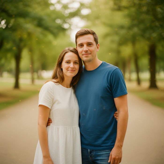 Профессиональная версия фотографии пары, стилизованная под художественную фотосессию с высоким качеством, яркими цветами и детализированным освещением.