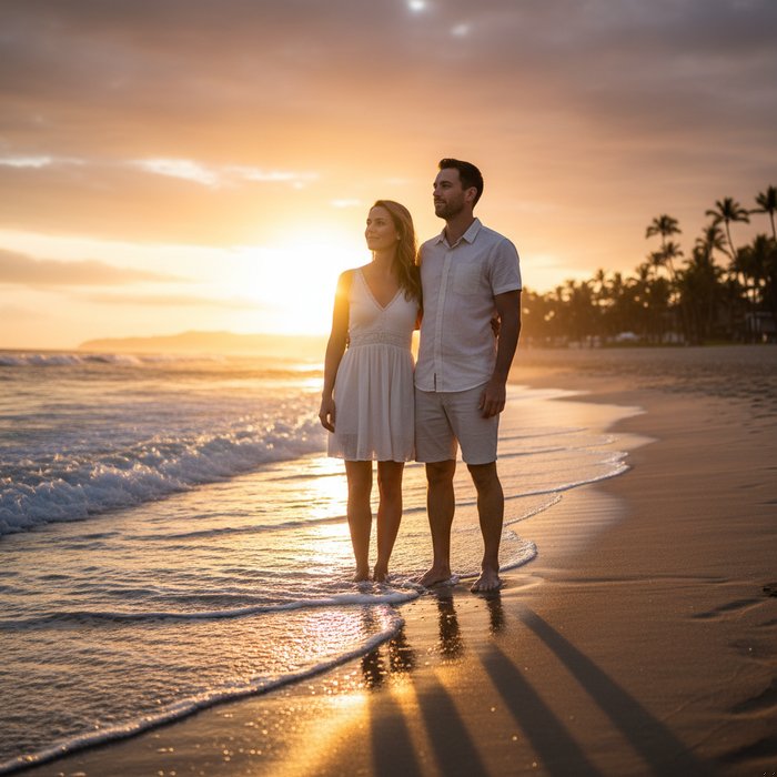 Пара в лёгких летних одеждах стоит на песчаном пляже, солнце садится, золотой свет обнимает их, мягкие волны прибоя, детализированные лица, высокое разрешение, фотореализм, естественное освещение