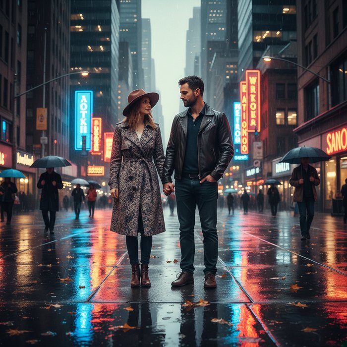 Пара держится за руки на мокром тротуаре под ярким неоном, отражения в лужах, высокие городские здания, насыщенные цвета, детализированные лица и одежда, 4K, фотореализм, естественное освещение