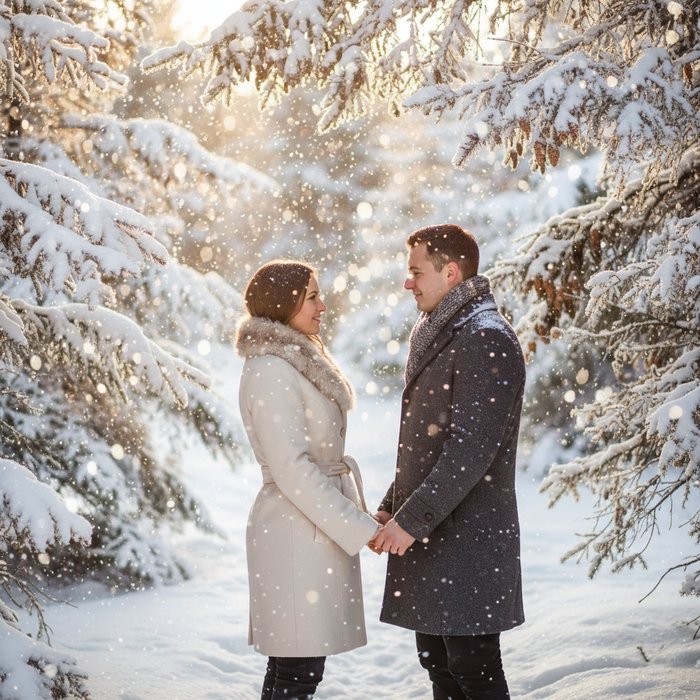 Пара в тёплых пальто стоит среди заснеженных елей, падающий снег, мягкое зимнее освещение, искристый фон, детализированные текстуры одежды и веток, 4K, фотореализм, естественное освещение