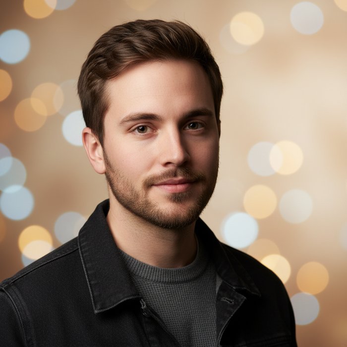 Портрет молодого человека в студийном освещении, мягкое боке, естественная цветопередача, высокая детализация, фотореализм, 4K