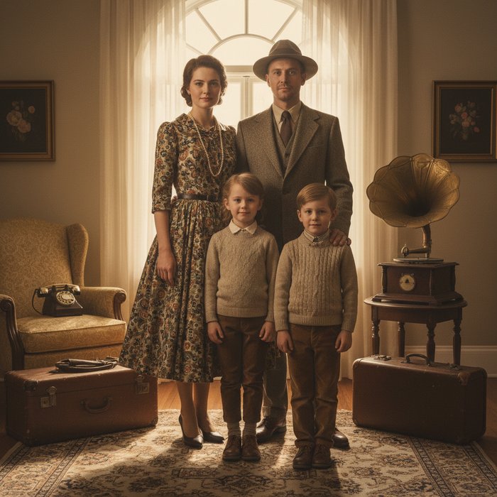 Семейная фотосессия в стиле ретро, мягкий естественный свет, винтажные аксессуары, детальная текстура одежды, фотореализм, 4K