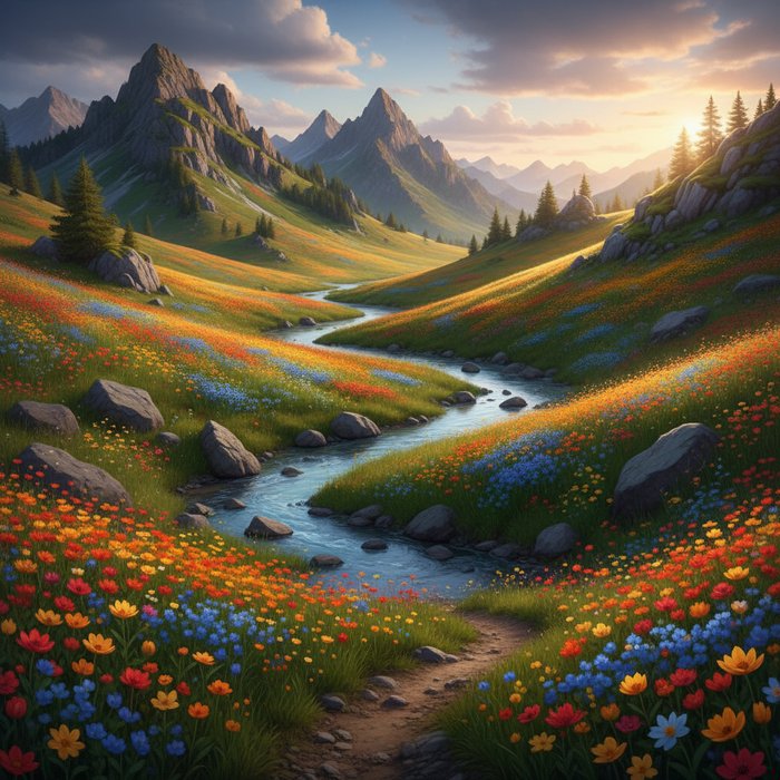Улучшенный пейзаж с яркими цветами, чёткими деталями, естественным освещением, высокая детализация, фотореализм, 4K