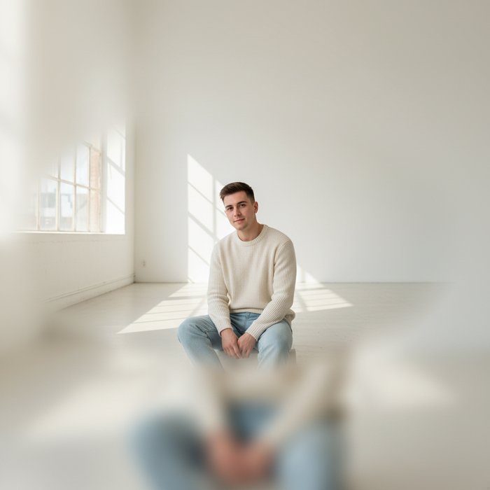 портрет молодого человека в светлой студии, расширенный по бокам, с плавным переходом к мягкому нейтральному фону, естественное освещение, высокая детализация, фотореализм, 4K