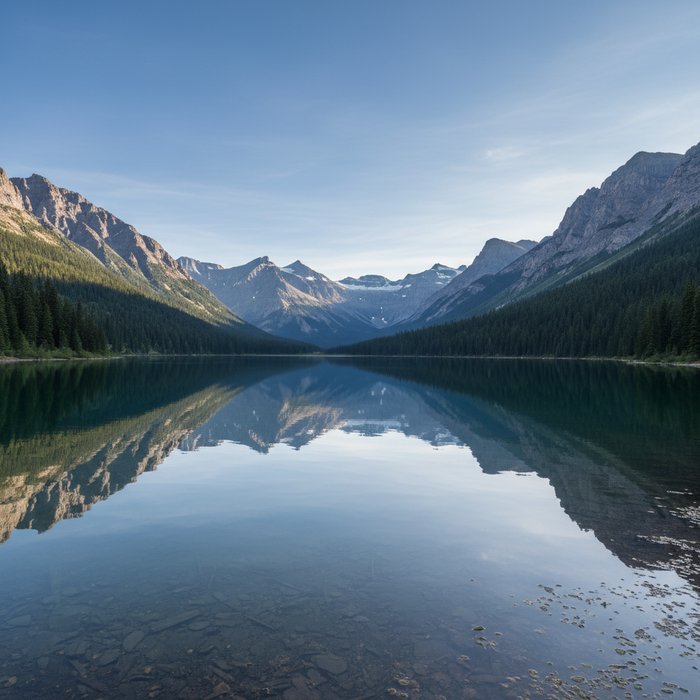 широкий пейзаж с горами и озером, расширенный по краям, с гармоничным продолжением горных склонов и отражения в воде, естественное освещение, высокая детализация, фотореализм, 4K