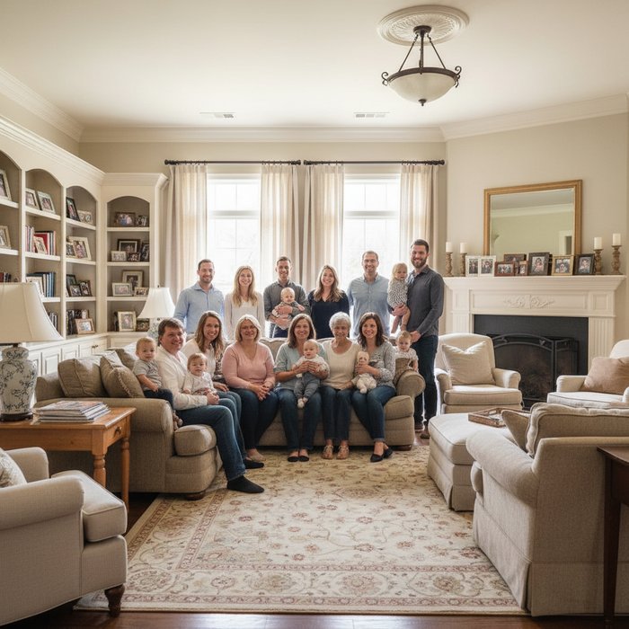 семейный снимок, где добавлены недостающие боковые части, с продолжением стен и мебели, естественное освещение, высокая детализация, фотореализм, 4K