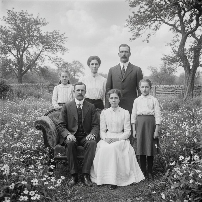 чёрно‑белый семейный портрет, расширенный по бокам, добавлен естественный фон, высокая детализация, фотореализм, 4K