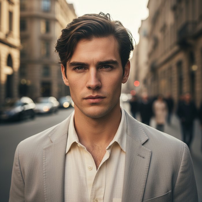 Портрет молодого человека в светлой одежде, резкое лицо и плечи, фон городской улицы размытый, естественное дневное освещение, фотореализм, высокая детализация, 4K
