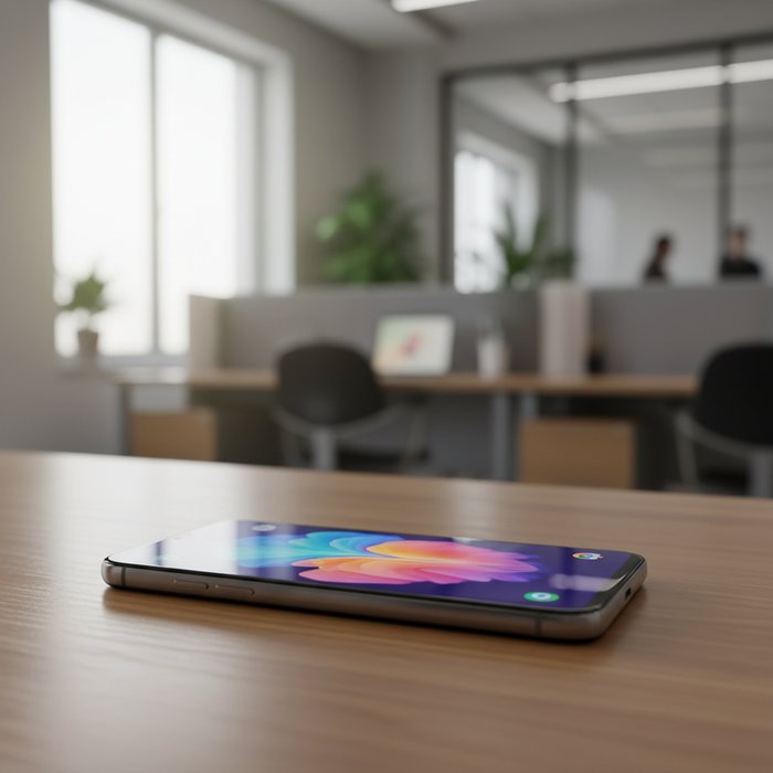 Смартфон на столе, чётко сфокусированный, фон офиса размытый, мягкое естественное освещение, фотореализм, высокая детализация, 4K