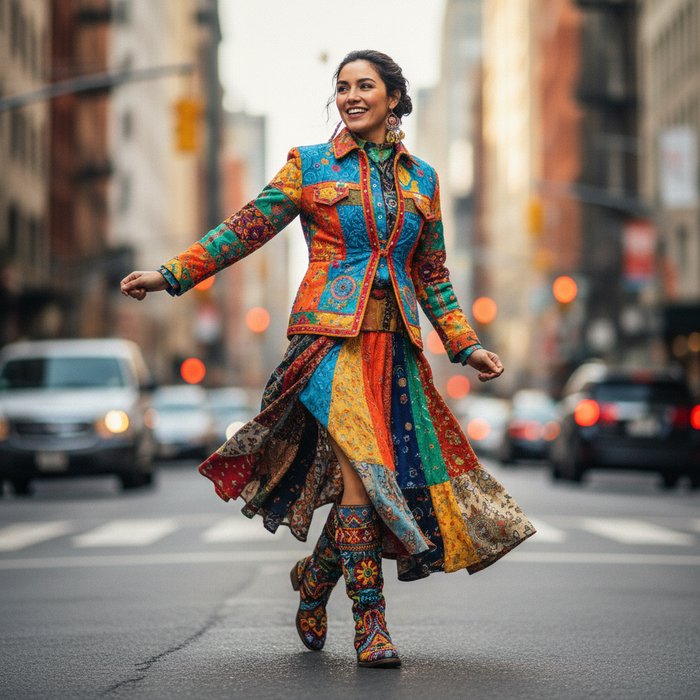 Коллаж с центральной фигурой в яркой одежде, резкая, вокруг размытый городской пейзаж, естественное освещение, фотореализм, высокая детализация, 4K