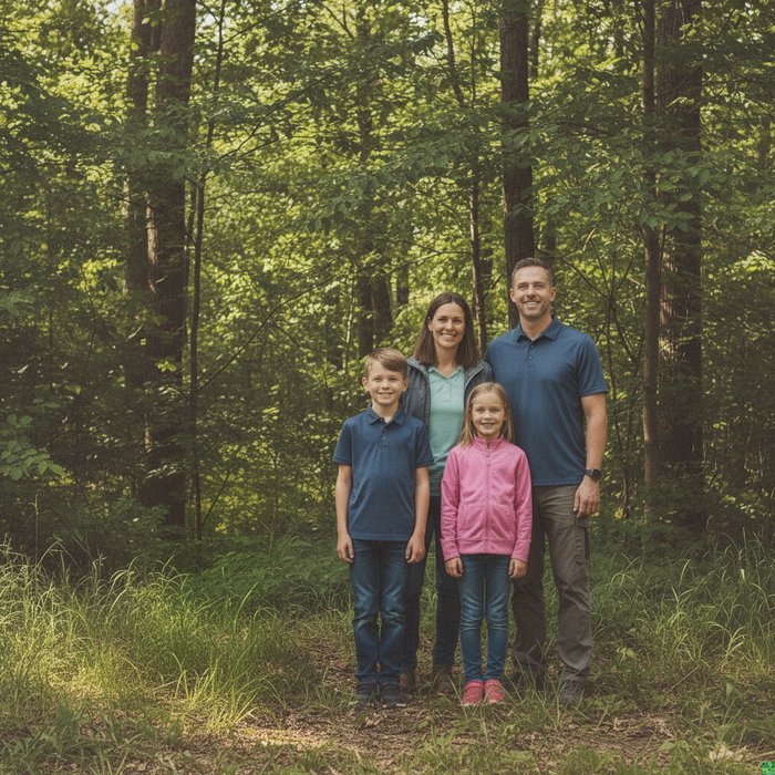 та же семейная фотография после редактирования: мусорный контейнер вырезан и заменён чистым фоном, добавлен лёгкий винтажный фильтр, цвета сбалансированы, детали сохраняются, естественное освещение, 4K