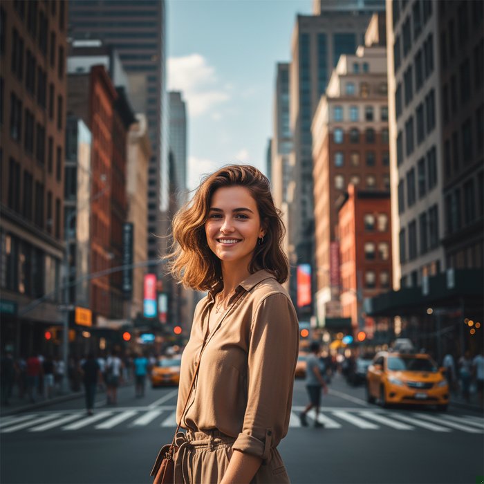 фотореалистичный портрет человека, вырезанный из оригинального фона и аккуратно размещённый на ярком городском пейзаже, естественное освещение, высокая детализация, 4K