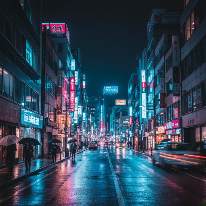 фотореалистичное фото улицы вечером, обработанное ярким неоновым эффектом, детали зданий чёткие, естественная цветопередача, 4K