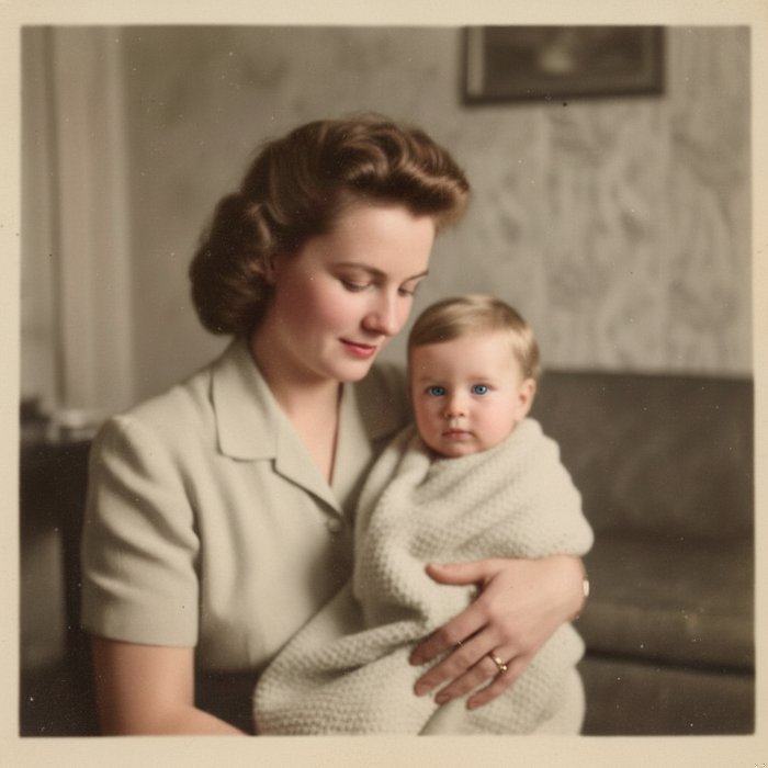 Тот же семейный портрет полностью восстановленный, чёткие лица, естественные тона кожи, яркие детали одежды, без пятен, высокое разрешение, фотореализм, естественное освещение